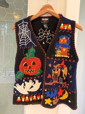 Designers Originals Black Halloween Knit Vest with Pumpkin, Ghosts & Candy Corn
